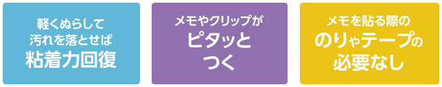 軽く濡らして汚れを落とせば粘着力回復。メモやクリップがピタッとつく。メモを貼る際ののりやテープの必要なし。